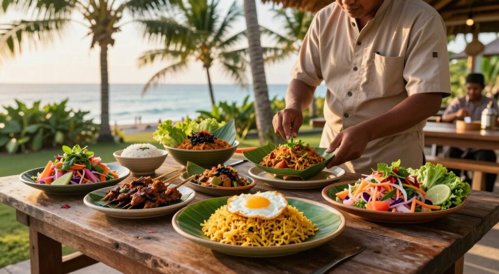 A vibrant Gili Islands local cuisine scene featuring a beautifully arranged traditional Indonesian meal on a rustic wooden table. The foreground showcases an assortment of colorful dishes, including Nasi Goreng with fried egg, satay skewers, and fresh tropical salads, garnished with herbs and spices. In the middle ground, a local chef, dressed in modest casual attire, is artfully plating a dish, showcasing culinary skills. The background reveals a lush, tropical setting with palm trees and ocean views, softly illuminated by golden hour sunlight, creating a warm and inviting atmosphere. Capture the details in rich colors and textures, with a depth of field that emphasizes the food while softly blurring the background. The image should evoke a sense of discovery and delight in exploring the local flavors of the Gili Islands. A vibrant Gili Islands local cuisine scene featuring a beautifully arranged traditional Indonesian meal on a rustic wooden table. The foreground showcases an assortment of colorful dishes, including Nasi Goreng with fried egg, satay skewers, and fresh tropical salads, garnished with herbs and spices. In the middle ground, a local chef, dressed in modest casual attire, is artfully plating a dish, showcasing culinary skills. The background reveals a lush, tropical setting with palm trees and ocean views, softly illuminated by golden hour sunlight, creating a warm and inviting atmosphere. Capture the details in rich colors and textures, with a depth of field that emphasizes the food while softly blurring the background. The image should evoke a sense of discovery and delight in exploring the local flavors of the Gili Islands.