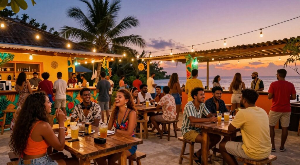 A vibrant Gili Islands party hostel scene at dusk, showcasing a lively outdoor courtyard filled with young travelers socializing. In the foreground, a group of diverse individuals in casual, colorful clothing enjoys drinks at rustic wooden tables, laughter and music filling the air. The middle ground features lively string lights strung overhead, illuminating the atmosphere with a warm glow, and a bar area adorned with tropical decorations. In the background, palm trees and glimpses of the ocean are visible against a twilight sky painted in hues of orange and purple. The composition captures a sense of joy, adventure, and camaraderie, with a slightly wide-angle lens to emphasize the lively social environment.