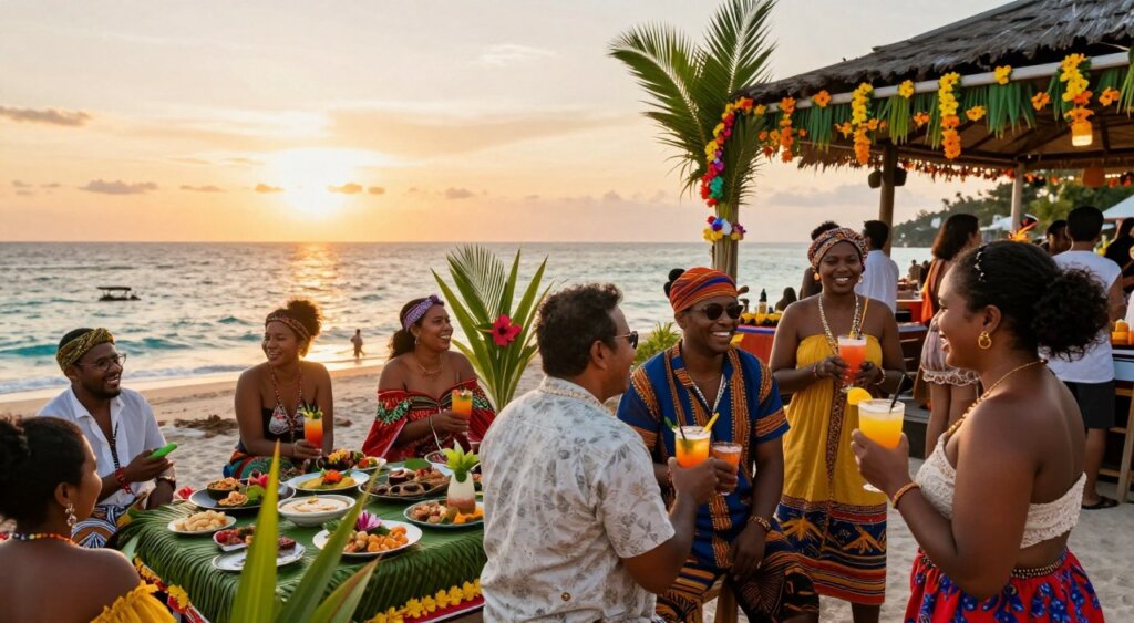 A vibrant Gili Islands party scene, showcasing local culture and etiquette. In the foreground, a group of individuals dressed in modest, colorful traditional attire engages in conversation, sharing laughter over tropical drinks. In the middle ground, there are beautifully arranged tables adorned with local delicacies, surrounded by festive decorations made from palm leaves and flowers. The background features the stunning ocean, with the sun setting in golden hues, creating a warm, inviting atmosphere. Soft, diffused lighting enhances the lively spirit of the party. Capture this scene with a wide-angle lens to emphasize the joyful interactions and vibrant colors, evoking a sense of community and celebration. Aim for a professional photojournalism style reminiscent of National Geographic quality.