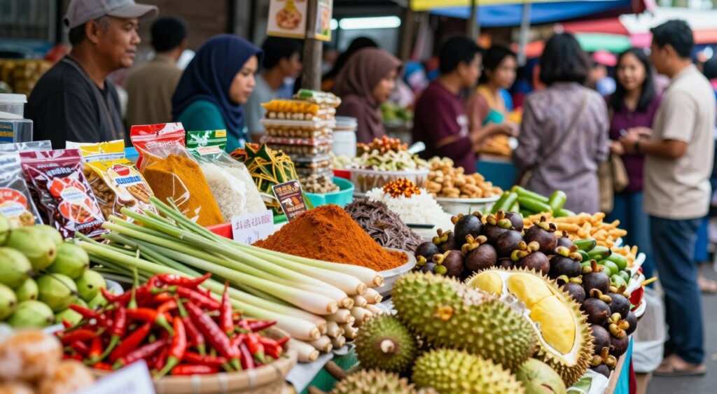 A vibrant Indonesian gourmet food market scene, overflowing with essential items that reflect local culture and cuisine. In the foreground, a variety of fresh produce, including bright red chilies, aromatic lemongrass, and stacks of tropical fruits like durians and mangosteens. The middle ground features colorful stalls with packaged spices, rice varieties, and traditional snacks beautifully arranged. In the background, a bustling crowd of shoppers and vendors, dressed in modest, casual clothing, engaging in friendly conversations. The lighting is natural and warm, highlighting the freshness of the ingredients, shot with a shallow depth of field to emphasize the food items while softly blurring the background. The atmosphere is lively and inviting, inviting viewers to immerse themselves in the rich culinary diversity of Indonesia. A vibrant Indonesian gourmet food market scene, overflowing with essential items that reflect local culture and cuisine. In the foreground, a variety of fresh produce, including bright red chilies, aromatic lemongrass, and stacks of tropical fruits like durians and mangosteens. The middle ground features colorful stalls with packaged spices, rice varieties, and traditional snacks beautifully arranged. In the background, a bustling crowd of shoppers and vendors, dressed in modest, casual clothing, engaging in friendly conversations. The lighting is natural and warm, highlighting the freshness of the ingredients, shot with a shallow depth of field to emphasize the food items while softly blurring the background. The atmosphere is lively and inviting, inviting viewers to immerse themselves in the rich culinary diversity of Indonesia.