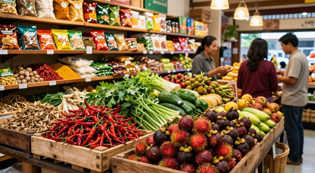 A vibrant Indonesian grocery store scene filled with authentic ingredients. In the foreground, display a variety of fresh produce, including vibrant red chilies, green herbs, and tropical fruits like rambutans and mangosteens, neatly arranged in rustic wooden crates. In the middle, showcase shelves stocked with colorful packages of spices, rice, and traditional snacks, all illuminated by warm, inviting lighting that creates a cozy atmosphere. The background features friendly store owners in modest casual attire engaging with customers, creating a sense of community. The angle should be slightly angled from above, capturing the depth and richness of the store's offerings, evoking a sense of discovery and warmth that highlights the key benefits of shopping at such a unique grocery establishment. A vibrant Indonesian grocery store scene filled with authentic ingredients. In the foreground, display a variety of fresh produce, including vibrant red chilies, green herbs, and tropical fruits like rambutans and mangosteens, neatly arranged in rustic wooden crates. In the middle, showcase shelves stocked with colorful packages of spices, rice, and traditional snacks, all illuminated by warm, inviting lighting that creates a cozy atmosphere. The background features friendly store owners in modest casual attire engaging with customers, creating a sense of community. The angle should be slightly angled from above, capturing the depth and richness of the store's offerings, evoking a sense of discovery and warmth that highlights the key benefits of shopping at such a unique grocery establishment.