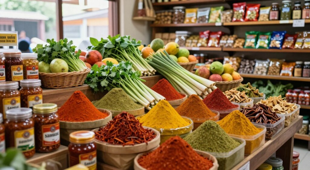 A vibrant Indonesian grocery store specializing in cooking ingredients, showcasing an array of colorful spices, fresh vegetables, and traditional snacks. In the foreground, jars of sambal and neatly arranged spices with rich hues of red, yellow, and green catch the eye. The middle ground features a wooden stall filled with fresh herbs like cilantro and lemongrass, surrounded by baskets of exotic fruits. The background shows shelves stocked with packaged Indonesian staples, and a warm, inviting atmosphere enhanced by soft, natural lighting that filters in through large windows. The scene conveys a sense of culinary exploration, with a focus on authentic Indonesian cuisine. A professional photographer's perspective captures the detail and texture of the ingredients. A vibrant Indonesian grocery store specializing in cooking ingredients, showcasing an array of colorful spices, fresh vegetables, and traditional snacks. In the foreground, jars of sambal and neatly arranged spices with rich hues of red, yellow, and green catch the eye. The middle ground features a wooden stall filled with fresh herbs like cilantro and lemongrass, surrounded by baskets of exotic fruits. The background shows shelves stocked with packaged Indonesian staples, and a warm, inviting atmosphere enhanced by soft, natural lighting that filters in through large windows. The scene conveys a sense of culinary exploration, with a focus on authentic Indonesian cuisine. A professional photographer's perspective captures the detail and texture of the ingredients.
