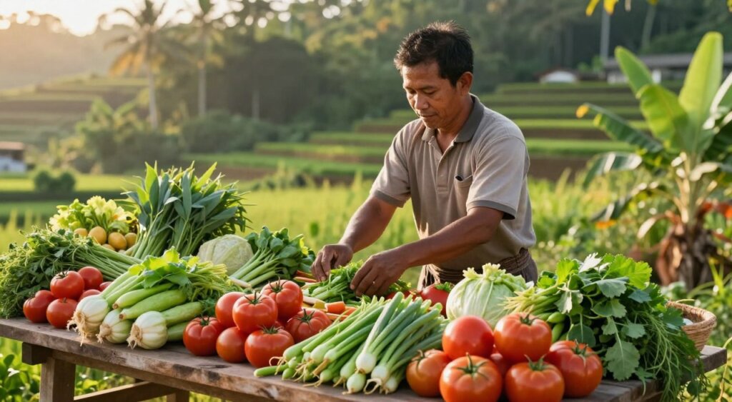 A vibrant Lombok food scene showcasing a plethora of farm-fresh, organic produce. In the foreground, a wooden table brimming with colorful vegetables—ripe tomatoes, crisp greens, and fragrant herbs—each glistening under soft, natural lighting. In the middle ground, a local farmer dressed in modest, casual clothing carefully arranges the produce, exuding a sense of pride and connection to sustainability. The background features lush greenery and terraced fields, illuminated by warm, golden-hour sunlight that casts gentle shadows. The atmosphere is one of abundance, sustainability, and community, all captured in a professional photojournalism style reminiscent of National Geographic imagery, evoking a connection to local ingredients in a thriving ecosystem.