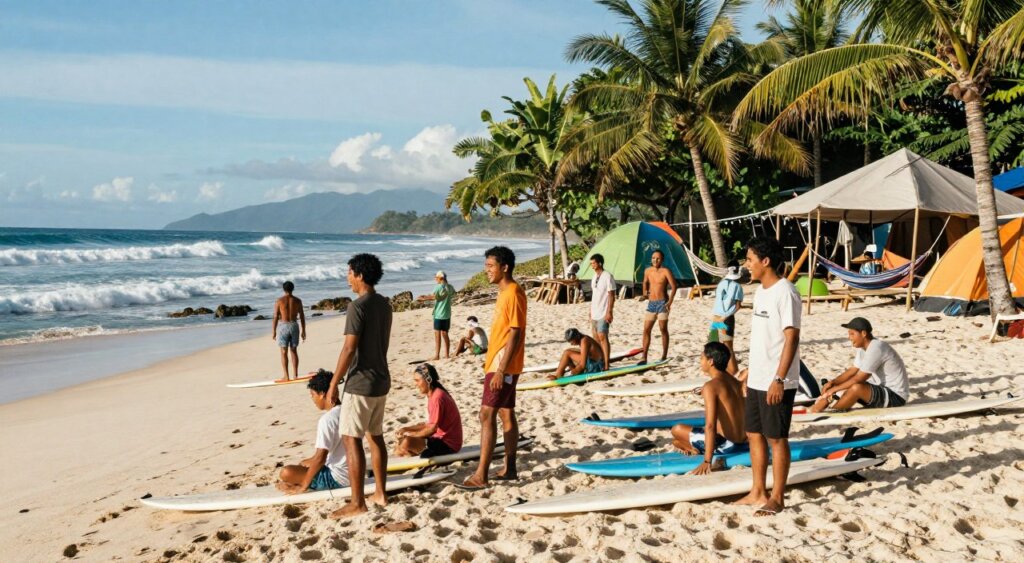 A vibrant Lombok surf camp community scene, capturing surfers of diverse backgrounds engaged in various activities. In the foreground, a group of people in modest casual clothing, laughing and preparing surfboards on a sandy beach. The middle area showcases a cozy surf camp with colorful tents and hammocks, surrounded by tropical greenery. In the background, rolling waves crashing on the shore under a bright blue sky, with distant mountains framing the horizon. Soft, warm sunlight casts gentle shadows, creating a welcoming atmosphere. The composition should have a slight angle to emphasize the community vibe, reminiscent of a National Geographic photojournalism style, highlighting the camaraderie and energy of surf culture.