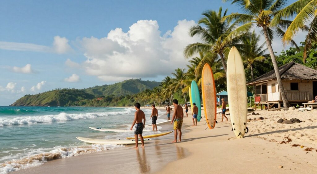 A vibrant Lombok surf camp scene depicting a clear turquoise ocean with gentle waves rolling onto a sandy beach. In the foreground, surfers in modest casual clothing are preparing their boards, reflecting excitement and camaraderie. The middle ground features colorful surfboards leaning against palm trees, with a rustic wooden surf camp cabin visible. In the background, lush green hills rise under a bright blue sky dotted with fluffy white clouds, capturing the essence of tropical paradise. Soft sunlight casts warm, golden hues, enhancing the inviting atmosphere. The composition is shot from a low angle, emphasizing the surfboards and the surfers while framing the stunning natural surroundings. The image conveys a sense of adventure and relaxation, perfect for capturing the allure of Lombok surf camp.
