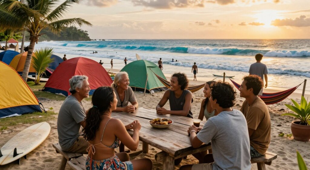 A vibrant Lombok surf camp scene showcasing the warm community culture of local surfers. In the foreground, a group of diverse individuals, dressed in modest casual clothing, share stories and laughter around a rustic wooden table, surrounded by surfboards and tropical plants. Their joyful expressions reflect a camaraderie and passion for surfing. In the middle ground, colorful tents and hammocks create a lively camp atmosphere, while surfers can be seen practicing their skills on the waves nearby. The background features the stunning coastline of Lombok, with crystal-clear blue waters and a golden sunset casting a warm glow over the scene. The lighting should evoke a relaxed and inviting mood, capturing the essence of a welcoming surf camp community in a photojournalism style, reminiscent of National Geographic quality imagery.