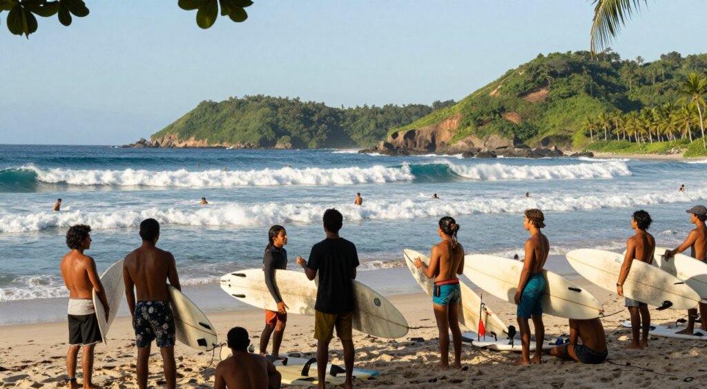 A vibrant Lombok surf culture community scene, showcasing surfers of diverse ethnic backgrounds in modest, casual beach attire. In the foreground, a group of surfers enthusiastically discussing techniques while holding their surfboards. The middle ground features the rolling waves of a pristine beach, with surfers catching stunning waves. In the background, lush green hills and palm trees frame the scene against a clear blue sky. The warm, golden sunlight bathes the landscape, enhancing the lively atmosphere. The image should be captured with a wide-angle lens, providing a dynamic perspective that emphasizes the community spirit and joy of surfing in Lombok.