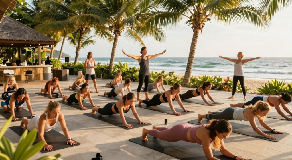 A vibrant Pilates community event in Seminyak, featuring a diverse group of individuals engaged in mat exercises on a sunlit outdoor beach terrace. In the foreground, a mix of people in modest casual fitness attire, concentrating on their Pilates poses, radiating energy and focus. The middle of the scene includes instructors demonstrating correct forms, surrounded by participants of various ages and backgrounds. In the background, lush tropical trees and ocean waves softly rolling onto the shore, illuminated by warm golden sunlight. The atmosphere is uplifting and harmonious, emphasizing community spirit and wellness. The image should be captured with a wide-angle lens to encapsulate the dynamic group and natural beauty, conveying an inspiring and invigorating mood.