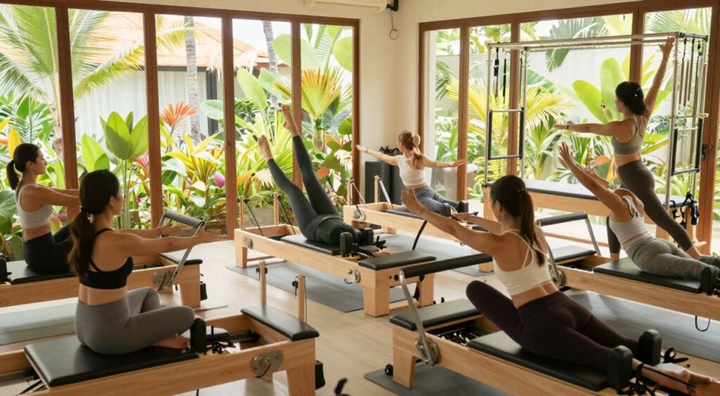 A vibrant Pilates studio in Seminyak, Bali, featuring large windows that let in warm, natural light, creating an inviting atmosphere. In the foreground, a group of diverse, fit individuals, dressed in stylish yet modest athletic wear, are engaged in a Pilates class led by a professional instructor demonstrating a reformer exercise. The middle ground showcases neatly arranged Pilates equipment, such as reformers and yoga mats, adding an active dynamic to the scene. In the background, lush tropical plants are visible, emphasizing the studio's serene, rejuvenating environment. The camera angle is slightly elevated, capturing the energy of the class while maintaining a soft focus on the tranquil, sunlit space. The overall mood is motivating and peaceful, encapsulating the essence of wellness in Seminyak.