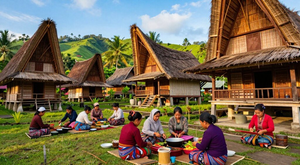 A vibrant Sasak cultural experience in Lombok Kuta, featuring a traditional Sasak village scene in the foreground with locals dressed in modest, colorful traditional attire, engaging in daily activities like weaving and cooking. In the middle ground, capture a group of women preparing traditional dishes, surrounded by rich bamboo and wooden structures characteristic of Sasak architecture. The background reveals rolling green hills with palm trees under a bright blue sky, evoking the tropical beauty of Lombok. The image should be infused with warm, natural lighting during the golden hour, emphasizing the richness of colors and creating a welcoming atmosphere. Use a slightly elevated angle to encompass the entire scene, mimicking a photojournalism style reminiscent of National Geographic.