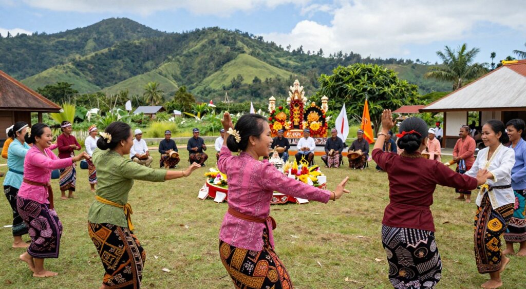 A vibrant Sasak traditional ceremony in Lombok Ekas, showcasing participants in colorful, modest traditional attire. In the foreground, focus on a group of joyful women adorned with intricate woven fabrics, performing a cultural dance with expressive movements. The middle layer reveals a circle of men playing traditional instruments, like the gendang, surrounded by colorful offerings and decorations. In the background, lush green hills and a bright blue sky create a serene island atmosphere, enhancing the celebration’s festive mood. Soft, natural lighting bathes the scene, capturing the warmth and spirit of the community. The lens angle is slightly elevated, providing a comprehensive view of the vibrant activity and cultural richness of the ceremony. A vibrant Sasak traditional ceremony in Lombok Ekas, showcasing participants in colorful, modest traditional attire. In the foreground, focus on a group of joyful women adorned with intricate woven fabrics, performing a cultural dance with expressive movements. The middle layer reveals a circle of men playing traditional instruments, like the gendang, surrounded by colorful offerings and decorations. In the background, lush green hills and a bright blue sky create a serene island atmosphere, enhancing the celebration’s festive mood. Soft, natural lighting bathes the scene, capturing the warmth and spirit of the community. The lens angle is slightly elevated, providing a comprehensive view of the vibrant activity and cultural richness of the ceremony.