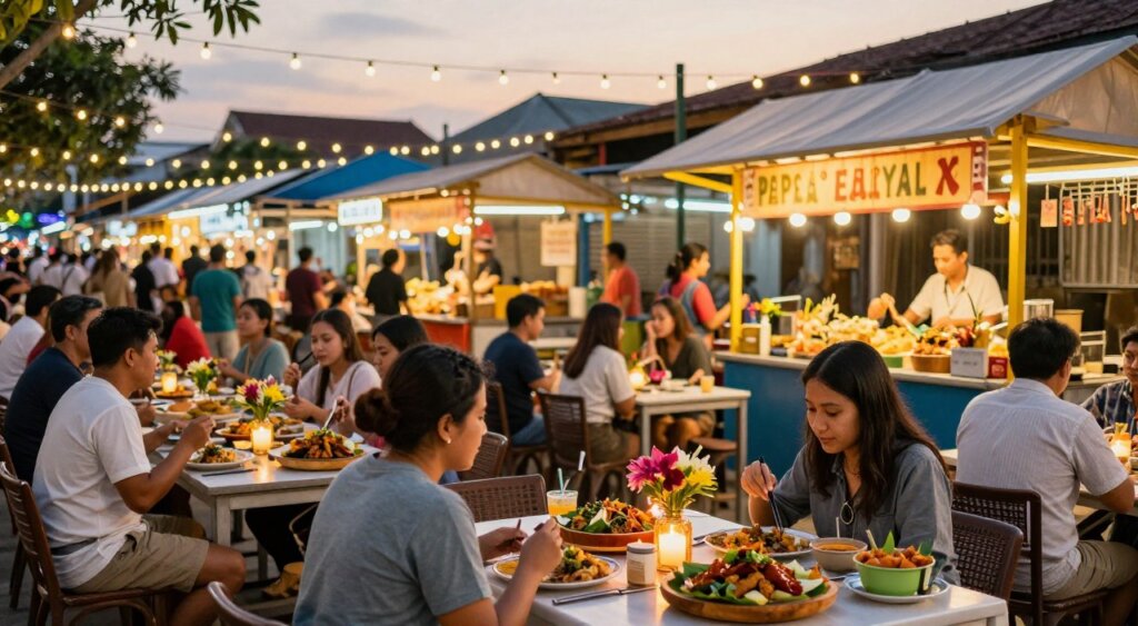 A vibrant Seminyak Eat Street dining scene at dusk, showcasing a bustling outdoor marketplace filled with colorful food stalls and charming eateries. In the foreground, diverse patrons enjoy meals at elegantly set tables adorned with flickering candles and fresh flowers, wearing modest casual clothing. The middle ground features an array of mouth-watering dishes, including Indonesian street food delicacies, beautifully presented on wooden platters. The background reveals a lively ambiance with twinkling fairy lights strung overhead, creating a warm, inviting atmosphere. Soft golden-hour lighting bathes the scene, enhancing the vivid colors of the food and decor. Captured from a low angle, this image evokes a sense of community and celebration, mirroring the essence of a joyful evening in Seminyak.
