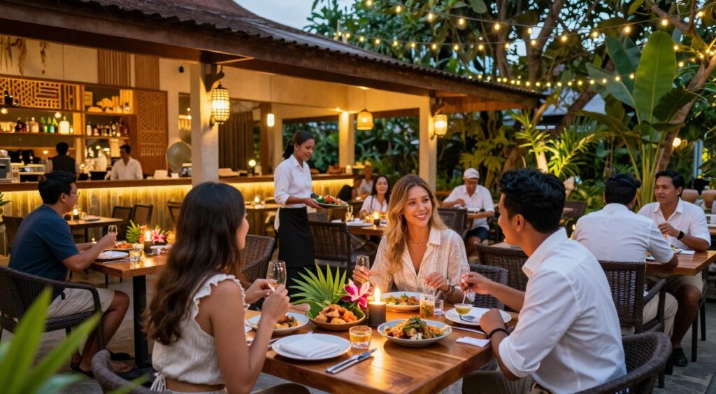 A vibrant Seminyak dining scene at dusk, showcasing an elegantly set outdoor table adorned with tropical flowers and candles, reflecting the island's rich culture. In the foreground, a couple dressed in smart casual attire enjoys their meals, surrounded by an array of colorful dishes featuring local Balinese cuisine. The middle ground highlights a beautifully lit restaurant with tasteful decorations, where waitstaff serve guests with warm smiles. The background features lush greenery and glimpses of twinkling fairy lights strung overhead, creating a cozy and inviting atmosphere. Soft, warm lighting illuminates the scene, capturing the enchanting ambiance of a Balinese evening. Use a wide-angle lens to bring depth and appreciation to this delightful culinary experience. A vibrant Seminyak dining scene at dusk, showcasing an elegantly set outdoor table adorned with tropical flowers and candles, reflecting the island's rich culture. In the foreground, a couple dressed in smart casual attire enjoys their meals, surrounded by an array of colorful dishes featuring local Balinese cuisine. The middle ground highlights a beautifully lit restaurant with tasteful decorations, where waitstaff serve guests with warm smiles. The background features lush greenery and glimpses of twinkling fairy lights strung overhead, creating a cozy and inviting atmosphere. Soft, warm lighting illuminates the scene, capturing the enchanting ambiance of a Balinese evening. Use a wide-angle lens to bring depth and appreciation to this delightful culinary experience.