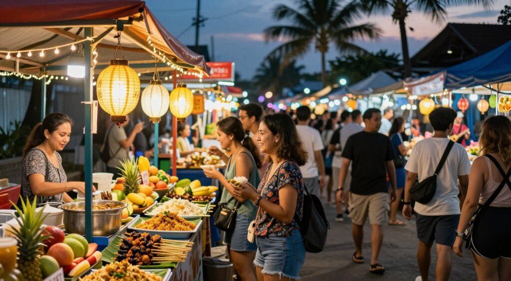 A vibrant Seminyak night market bustling with energy and life. In the foreground, colorful food stalls with an array of delicious local dishes, such as satay skewers, fried rice, and fresh tropical fruits, are artfully arranged. Each stall is adorned with warm glow from fairy lights and lanterns, creating an inviting atmosphere. The middle ground showcases visitors of diverse backgrounds, casually dressed, engaged in sampling food and chatting, with laughter filling the air. In the background, palm trees silhouette against the twilight sky, where hints of lively music can be felt. The scene is captured in a wide-angle shot, with soft bokeh effect on the lights to enhance the warm ambiance, inviting viewers to experience the Nightlife and Dining Experiences in Seminyak.