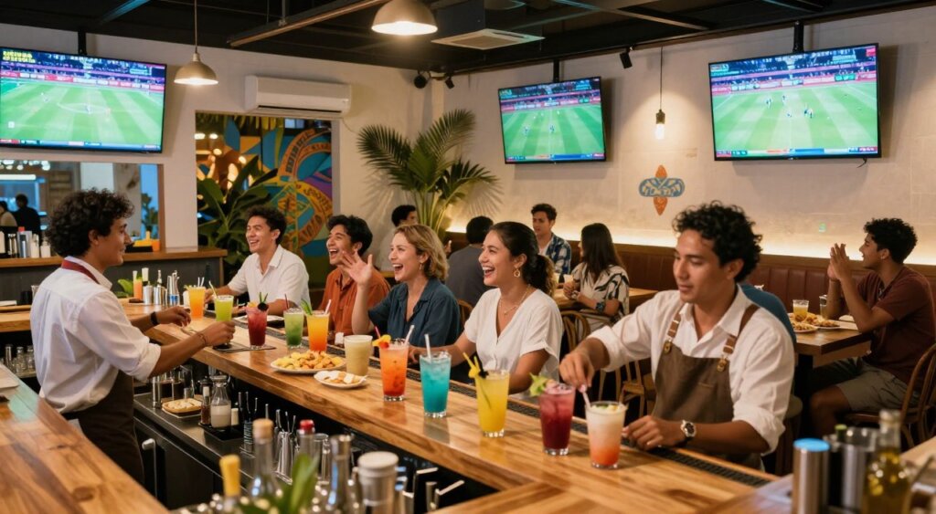 A vibrant Seminyak sports bar bustling with energy, showcasing a diverse group of patrons enjoying a variety of sports on large screens. In the foreground, a wooden bar counter laden with colorful cocktails and snacks, with bartenders in smart, casual attire mixing drinks. The middle ground features groups of friends animatedly watching a match, some laughing, others cheering, all in relaxed casual wear. The background reveals well-lit flat-screen TVs highlighting live sports, decorated walls with local art, and tropical plants adding a touch of greenery. Bright, warm lighting creates an inviting atmosphere, while a wide-angle lens captures the lively ambiance, evoking the excitement and camaraderie of a lively night out in Seminyak.