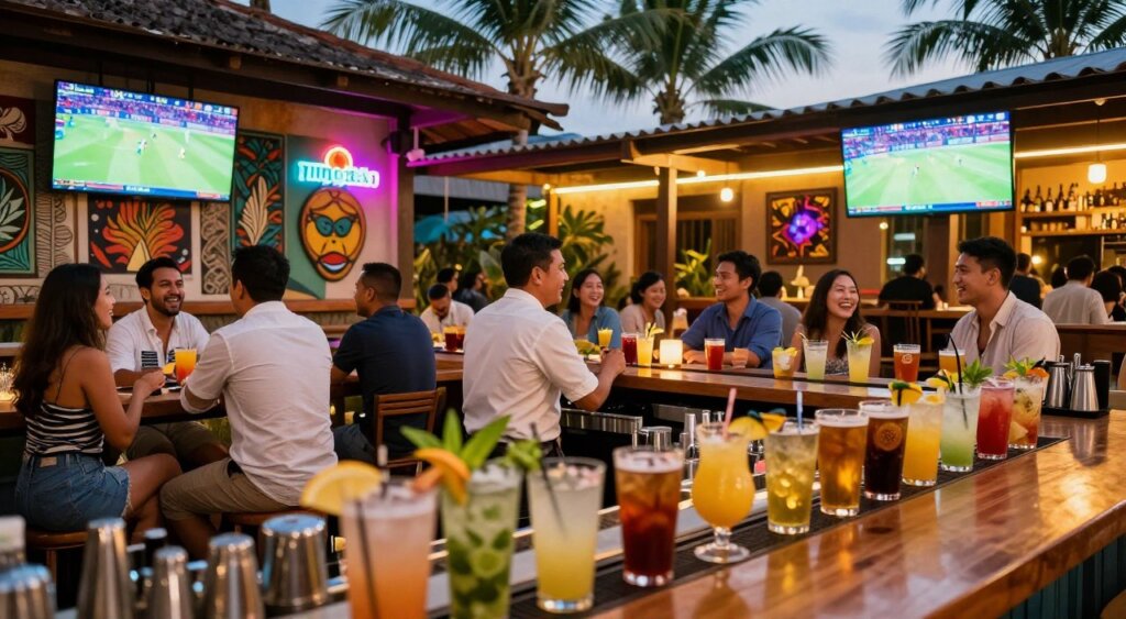 A vibrant Seminyak sports bar, bustling with energy. In the foreground, a well-stocked bar with an array of colorful cocktails and craft beers, garnished with fresh herbs and fruits. In the middle, patrons in smart casual clothing are engaged in conversation, some laughing while watching a live sports match on large flat-screen TVs. The décor features local Balinese artwork and neon lights, creating a lively ambiance. In the background, a tropical outdoor terrace illuminated by warm, soft lighting. Palm trees sway gently in the breeze. The scene is captured from a slightly elevated angle, giving a sense of depth, with a warm and inviting atmosphere reflecting a fusion of sports and leisure in a tropical paradise.