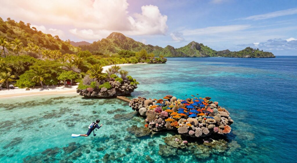 A vibrant aerial view of Raja Ampat showcasing both beginner and advanced diving sites. In the foreground, depict crystal-clear turquoise waters teeming with colorful coral reefs and diverse marine life, illustrating a beginner site with gentle waves and accessible entry points. In the middle ground, show experienced divers exploring a more challenging site with deeper waters, rocky formations, and vibrant schools of fish, captured from a slightly lower angle to give a sense of depth. The background features lush, green islands under a bright, sunlit sky with soft, fluffy clouds. Enhance the scene with warm, inviting lighting to evoke a sense of adventure and tranquility, reminiscent of National Geographic documentary photography.