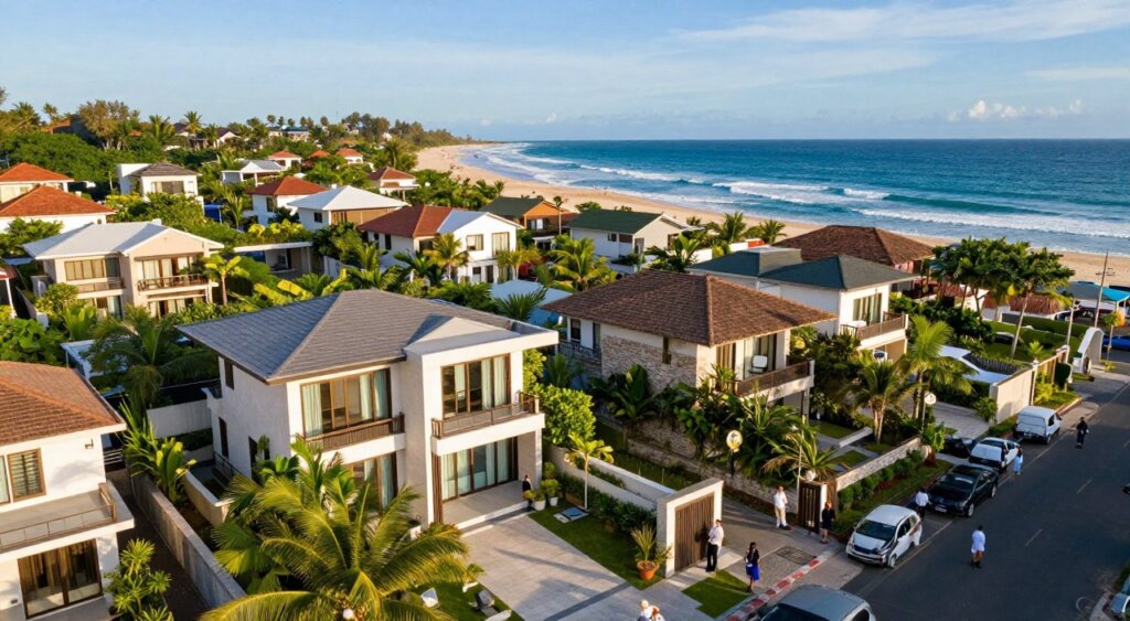 A vibrant aerial view of the Canggu real estate market, showcasing a mix of upscale villas, beachfront properties, and lush greenery. In the foreground, feature a stylish villa with modern architecture surrounded by tropical gardens. The middle ground presents a bustling street scene with people in professional attire examining properties, reflecting the lively atmosphere of the area. The background highlights the iconic coastline with waves gently crashing onto the sandy beach under a clear blue sky. The lighting is warm and inviting, capturing the golden hour glow. The image should convey a sense of prosperity and dynamic growth in the Canggu real estate market, reminiscent of a National Geographic style photojournalism.