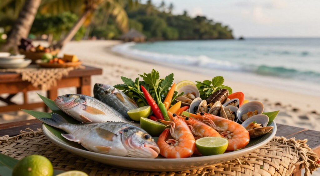 A vibrant and beautifully arranged seafood dish inspired by the culinary delights of Yenatar Raja Ampat. In the foreground, a platter showcases an array of fresh fish, shrimp, and clams, garnished with tropical herbs and colorful vegetables, like red chilies and green limes. The middle ground features a wooden table draped with woven cloth, enhancing the exotic feel. In the background, soft-focus tropical foliage and the ocean waves gently lapping against the shore set a serene coastal ambiance. The lighting is warm and natural, reminiscent of golden hour, highlighting the dish's textures and colors. A shallow depth of field draws attention to the seafood, creating a sense of intimacy and inviting viewers to savor the unique flavors of this region.