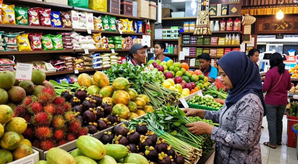 A vibrant and bustling Indonesian grocery store, showcasing an array of colorful fruits and vegetables, such as rambutan, mangosteen, and various local herbs. In the foreground, a friendly, modestly dressed female shopper examines fresh produce. The middle ground features shelves filled with packaged snacks, rice, and spices, while local vendors interact with customers. The background presents traditional Indonesian decorations and warm lighting that creates an inviting atmosphere. A camera angle captures the scene from slightly above eye level, giving a comprehensive view of the shopping experience. The mood is lively and welcoming, encapsulating the excitement of exploring a new grocery store. A vibrant and bustling Indonesian grocery store, showcasing an array of colorful fruits and vegetables, such as rambutan, mangosteen, and various local herbs. In the foreground, a friendly, modestly dressed female shopper examines fresh produce. The middle ground features shelves filled with packaged snacks, rice, and spices, while local vendors interact with customers. The background presents traditional Indonesian decorations and warm lighting that creates an inviting atmosphere. A camera angle captures the scene from slightly above eye level, giving a comprehensive view of the shopping experience. The mood is lively and welcoming, encapsulating the excitement of exploring a new grocery store.