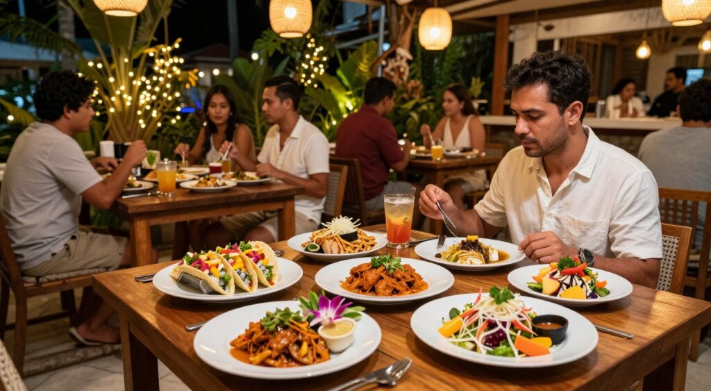 A vibrant and bustling outdoor dining scene in Seminyak, showcasing fusion cuisine from various cultures. In the foreground, elegantly plated dishes with an array of international flavors, like sushi tacos, Italian-inspired rendang, and vibrant tropical salads, sit on a beautifully set wooden table. In the middle ground, a diverse group of well-dressed diners, including couples and friends enjoying their meals, embody a relaxed yet sophisticated atmosphere. Soft, ambient lighting from hanging lanterns illuminates the setting, enhancing the warm, inviting vibe of the outdoor restaurant. In the background, lush tropical plants and decorative elements hint at the tropical paradise of Bali, with twinkling fairy lights creating a magical ambiance. Shot from a slight elevation angle, capturing the essence of lively international dining in Seminyak. A vibrant and bustling outdoor dining scene in Seminyak, showcasing fusion cuisine from various cultures. In the foreground, elegantly plated dishes with an array of international flavors, like sushi tacos, Italian-inspired rendang, and vibrant tropical salads, sit on a beautifully set wooden table. In the middle ground, a diverse group of well-dressed diners, including couples and friends enjoying their meals, embody a relaxed yet sophisticated atmosphere. Soft, ambient lighting from hanging lanterns illuminates the setting, enhancing the warm, inviting vibe of the outdoor restaurant. In the background, lush tropical plants and decorative elements hint at the tropical paradise of Bali, with twinkling fairy lights creating a magical ambiance. Shot from a slight elevation angle, capturing the essence of lively international dining in Seminyak.