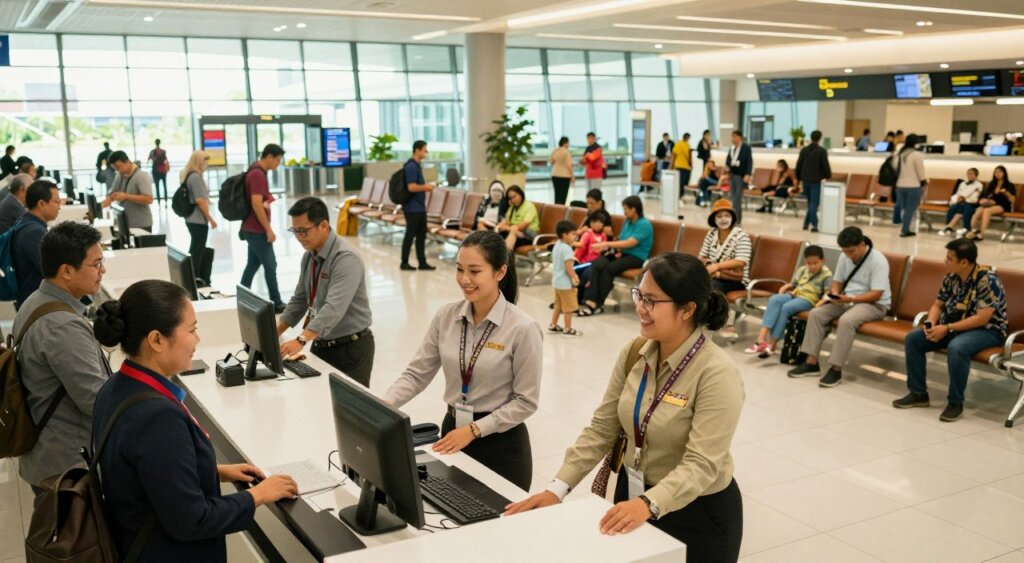 A vibrant and bustling scene at Lombok International Airport, capturing the passenger services area. In the foreground, professional staff in business attire assist travelers at the information desk, with friendly smiles and helpful gestures. The middle ground features a diverse group of passengers—families, business travelers, and tourists—engaged in various activities, such as checking in, navigating kiosks, and relaxing in seating areas. The background shows modern airport architecture with large glass windows allowing natural light to flood the space, highlighting the efficient design and cleanliness of the terminal. The atmosphere is lively and welcoming, evoking a sense of excitement and travel. The photo should have a wide-angle perspective, emphasizing the spaciousness and organization of the passenger services area, with soft, warm lighting that enhances the inviting environment.