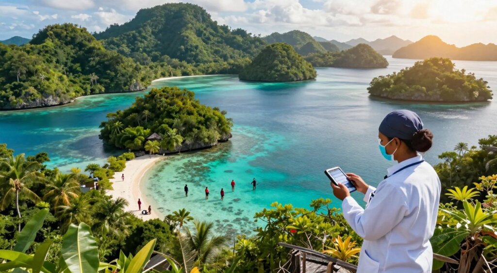 A vibrant and detailed aerial view of Raja Ampat, Indonesia, showcasing its lush green islands and turquoise waters, emphasizing the region's current malaria risk. In the foreground, depict a health worker in professional attire, surveying the landscape with a handheld device, symbolizing monitoring efforts. In the middle ground, include a small group of divers or tourists enjoying the natural beauty, all dressed in modest attire, subtly conveying awareness about health precautions. In the background, illustrate the dense tropical rainforest and picturesque coral reefs, bathed in warm, natural sunlight to highlight the biodiversity of the area. The mood should be a blend of caution and appreciation for nature, capturing the essence of tropical health challenges while celebrating the enchanting environment. A vibrant and detailed aerial view of Raja Ampat, Indonesia, showcasing its lush green islands and turquoise waters, emphasizing the region's current malaria risk. In the foreground, depict a health worker in professional attire, surveying the landscape with a handheld device, symbolizing monitoring efforts. In the middle ground, include a small group of divers or tourists enjoying the natural beauty, all dressed in modest attire, subtly conveying awareness about health precautions. In the background, illustrate the dense tropical rainforest and picturesque coral reefs, bathed in warm, natural sunlight to highlight the biodiversity of the area. The mood should be a blend of caution and appreciation for nature, capturing the essence of tropical health challenges while celebrating the enchanting environment.