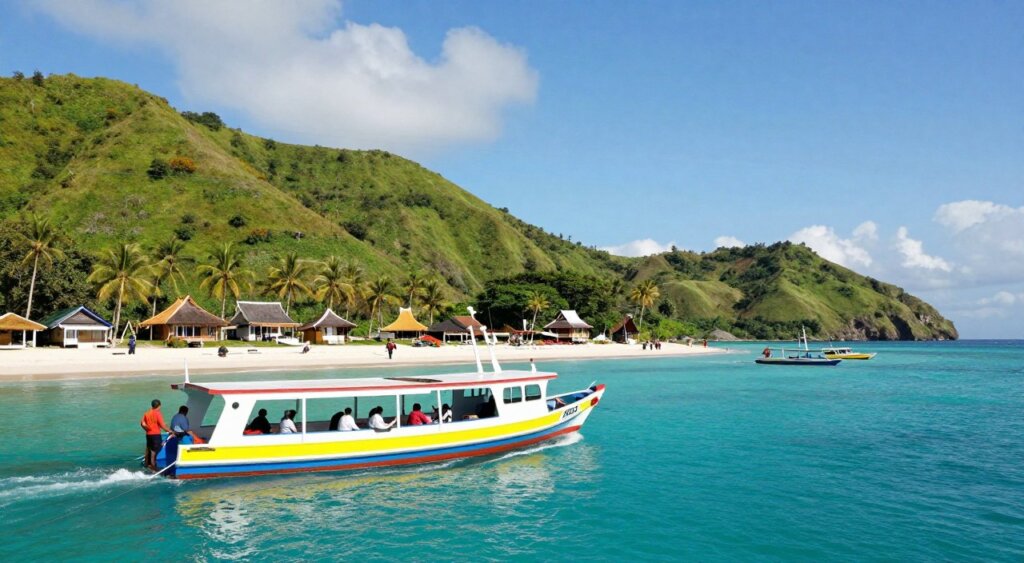 A vibrant and detailed scene depicting a ferry boat navigating clear turquoise waters towards the scenic Lombok and Gili Islands in Indonesia. In the foreground, the ferry boat is brightly colored, with several passengers enjoying the view, wearing casual but modest clothing. In the middle ground, lush green hills of Lombok rise majestically, dotted with charming traditional Balinese houses and palm trees. In the background, the iconic Gili Islands can be seen, characterized by white sandy beaches and crystal-clear waters under a bright blue sky with a few fluffy clouds. The lighting is warm, evoking a sunny afternoon atmosphere, captured with a wide-angle lens to emphasize the stunning coastal landscape, conveying a sense of adventure and tranquility. A vibrant and detailed scene depicting a ferry boat navigating clear turquoise waters towards the scenic Lombok and Gili Islands in Indonesia. In the foreground, the ferry boat is brightly colored, with several passengers enjoying the view, wearing casual but modest clothing. In the middle ground, lush green hills of Lombok rise majestically, dotted with charming traditional Balinese houses and palm trees. In the background, the iconic Gili Islands can be seen, characterized by white sandy beaches and crystal-clear waters under a bright blue sky with a few fluffy clouds. The lighting is warm, evoking a sunny afternoon atmosphere, captured with a wide-angle lens to emphasize the stunning coastal landscape, conveying a sense of adventure and tranquility.