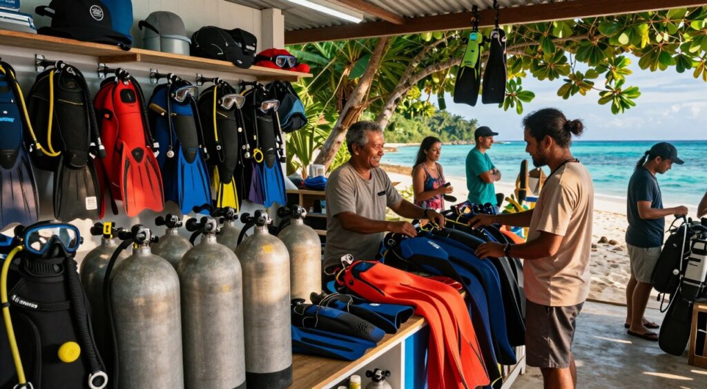 A vibrant and detailed scene showcasing a dive equipment rental shop on the Gili Islands. In the foreground, display neatly organized dive gear, including tanks, fins, masks, and wetsuits in various colors. Include a friendly shop owner, dressed in modest casual clothing, assisting customers, all set against a backdrop of lush tropical flora. In the middle ground, capture other visitors browsing the equipment, emphasizing a sense of adventure and excitement. The background reveals a picturesque view of turquoise waters and sandy beaches, hinting at the underwater wonders awaiting exploration. The lighting is warm and inviting, akin to late afternoon sun casting soft shadows. The photograph should have a professional, documentary feel, reminiscent of high-quality National Geographic imagery, evoking a sense of adventure.