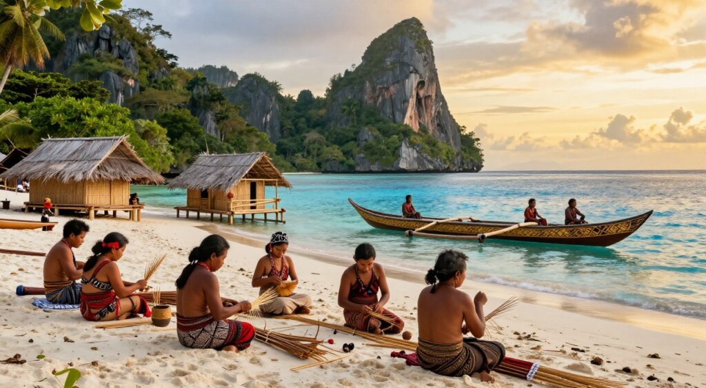 A vibrant and engaging scene depicting the indigenous community of Raja Ampat, set against the stunning backdrop of lush tropical islands and crystal-clear waters. In the foreground, local villagers dressed in modest traditional clothing engage in traditional crafts, showcasing their artistic skills and rich cultural heritage. The middle ground features bamboo huts and an intricately carved wooden canoe, embodying the community's connection to the sea. In the background, dramatic limestone cliffs rise above the vibrant blue ocean under a warm, golden sunset, casting a soft light that enhances the serene atmosphere. The photo should evoke a sense of belonging and tranquility, reminiscent of National Geographic's photojournalism, captured with a wide-angle lens to emphasize both the community and their breathtaking environment. A vibrant and engaging scene depicting the indigenous community of Raja Ampat, set against the stunning backdrop of lush tropical islands and crystal-clear waters. In the foreground, local villagers dressed in modest traditional clothing engage in traditional crafts, showcasing their artistic skills and rich cultural heritage. The middle ground features bamboo huts and an intricately carved wooden canoe, embodying the community's connection to the sea. In the background, dramatic limestone cliffs rise above the vibrant blue ocean under a warm, golden sunset, casting a soft light that enhances the serene atmosphere. The photo should evoke a sense of belonging and tranquility, reminiscent of National Geographic's photojournalism, captured with a wide-angle lens to emphasize both the community and their breathtaking environment.