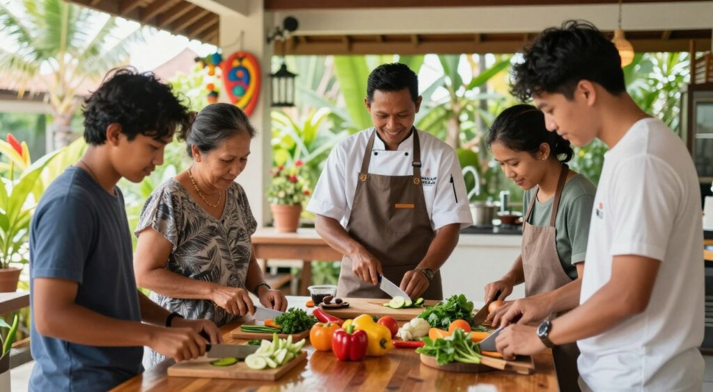 A vibrant and engaging scene of a beginner cooking class in Seminyak, Bali. In the foreground, a diverse group of three individuals, including a middle-aged woman and two young men, are gathered around a large wooden table, focused on chopping fresh vegetables and herbs. They are dressed in modest, casual clothing appropriate for a cooking class. In the middle, a professional instructor, wearing a fitted chef's apron, demonstrates proper knife skills with a big smile, showcasing the welcoming atmosphere. The background features a sunlit open-air kitchen with tropical plants and colorful decorations, evoking the lively spirit of Bali. Soft natural lighting enhances the warm tones of the ingredients and the wooden surfaces, creating an inviting and cheerful mood. The angle captures both the participants’ engagement and the vibrant surroundings.