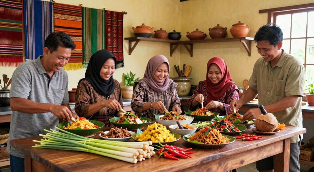 A vibrant and inviting kitchen setting showcasing traditional Indonesian recipes. In the foreground, a beautifully arranged wooden table displays fresh ingredients such as lemongrass, chili peppers, and coconut, along with cooking utensils like a mortar and pestle. In the middle, a diverse group of individuals, dressed in modest casual clothing, enthusiastically prepares dishes like Nasi Goreng and Gado-Gado, their faces expressing joy and engagement. In the background, colorful Indonesian textiles hang on the walls, alongside a warm, rustic kitchen featuring clay pots and wooden shelves, softly illuminated by natural light streaming through a window. The overall atmosphere is lively and communal, evoking a sense of cultural richness and culinary tradition.