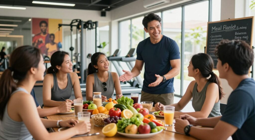 A vibrant and inviting scene depicting a nutrition consultation at Lombok Gym. In the foreground, a friendly male nutritionist in a smart, casual outfit guides a diverse group of individuals as they engage with colorful, healthy food options on a table, showcasing fresh fruits, vegetables, whole grains, and lean proteins. In the middle ground, a modern gym setting with fitness equipment and motivational posters adds depth, while a chalkboard displays meal planning tips. The background features large windows allowing natural sunlight to illuminate the room, creating a warm and encouraging atmosphere. Shot with a wide-angle lens to capture the entire scene, the image conveys a sense of camaraderie and inspiration for healthy living and meal planning.