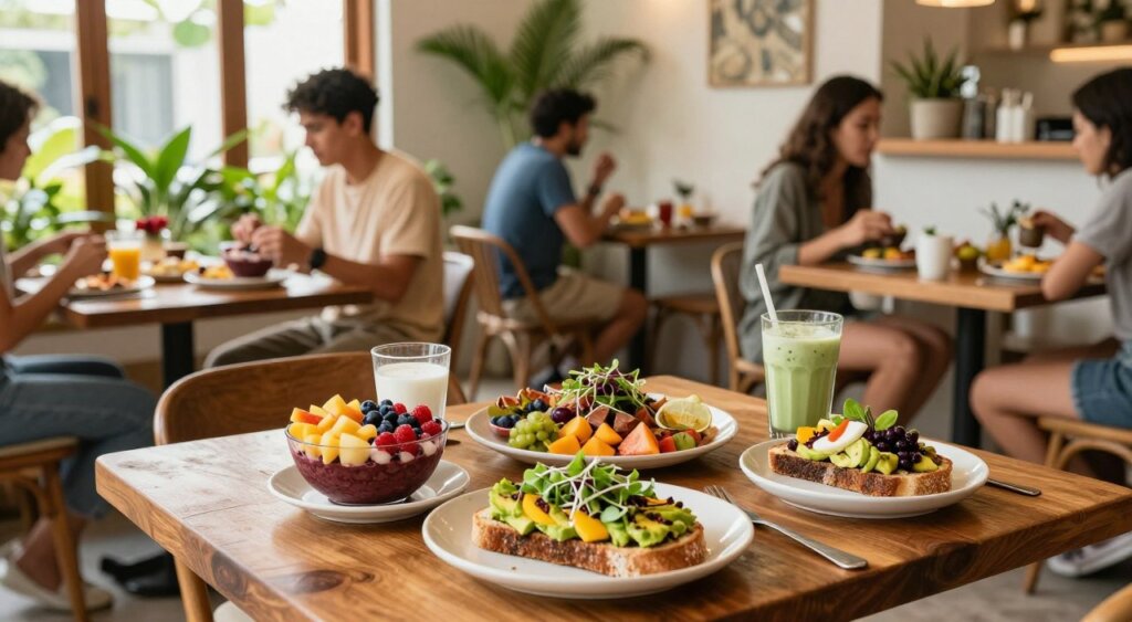 A vibrant and inviting scene of a health-conscious café in Seminyak, showcasing a beautifully arranged breakfast table. In the foreground, a wooden table is filled with colorful dishes, including açaí bowls topped with fresh fruits, avocado toast garnished with microgreens, and smoothies in clear glasses. The middle layer features a relaxed ambiance, with patrons in modest casual clothing enjoying their meals and engaging in light conversation. In the background, large windows allow warm, natural sunlight to filter in, illuminating indoor plants and rustic decor. The photograph should capture a serene and lively atmosphere, with a focus on fresh, healthy food and a sense of community, all framed with a soft depth of field for a professional photojournalism style.