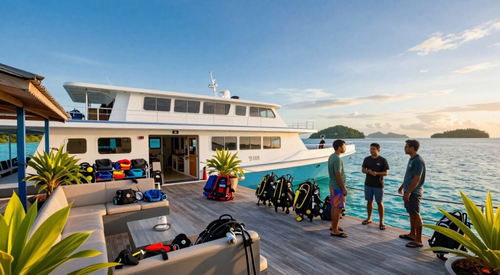 A vibrant and inviting scene showcasing the facilities of a liveaboard diving center in Raja Ampat. In the foreground, a spacious deck with comfortable seating and tables, adorned with lush tropical plants and diving gear neatly organized. In the middle ground, a well-maintained vessel equipped for diving, with hatches to access gear storage and spacious areas for divers to prepare. The background features stunning turquoise waters and distant islands fading into a clear blue sky with soft, golden light from the setting sun casting a warm glow over the scene. The composition captures an atmosphere of tranquility and adventure, with professional divers in modest casual clothing sharing a moment of camaraderie, embodying the spirit of exploration in this tropical paradise.