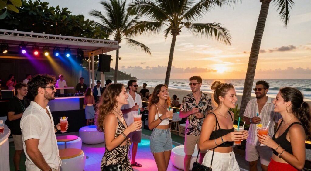 A vibrant and lively scene capturing the essence of clubbing in Seminyak. In the foreground, a diverse group of well-dressed young adults, in stylish casual attire, enjoying cocktails and laughing together. The middle ground features a pulsating club atmosphere with colorful LED lights illuminating the dance floor, surrounded by sleek, modern furniture. A DJ booth is visible, adding to the energy. The background displays the iconic Seminyak beach at sunset, with palm trees swaying and waves gently crashing, creating a tropical vibe. The lighting is warm and inviting, with a slight lens flare effect to enhance the lively mood. The overall atmosphere conveys excitement and camaraderie, perfect for a night out in a renowned Bali hotspot.