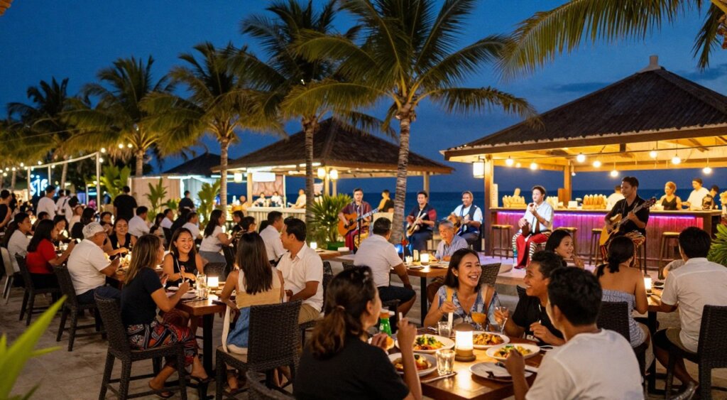 A vibrant and lively scene capturing the nightlife and dining in Lombok Kuta. In the foreground, a bustling outdoor restaurant with diverse diners enjoying various cuisines, seated at elegantly laid tables adorned with soft lighting. The middle layer showcases local musicians performing traditional music, creating an inviting atmosphere, while patrons engage in conversation and laughter. In the background, illuminated palm trees sway gently in the warm evening breeze under a starlit sky, with popular beachside bars glowing in warm colors. The scene conveys a sense of festivity and cultural richness, blending the charm of local traditions with a modern dining experience. Use a wide-angle lens perspective to enhance the depth, with soft bokeh effects in the background to emphasize the lively ambiance.