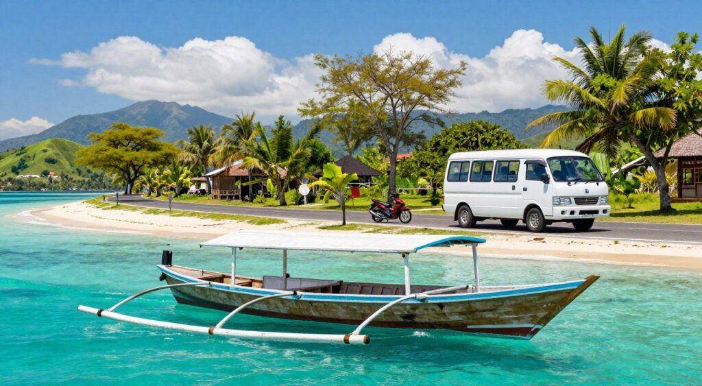 A vibrant and picturesque scene depicting transportation options for reaching Lombok Ekas. In the foreground, showcase a traditional wooden boat gently gliding through crystal-clear turquoise waters, emphasizing the region's marine beauty. In the middle ground, highlight a scenic road lined with tropical trees, where a modern motorcycle and a local minibus are parked, symbolizing diverse travel methods. In the background, display lush green hills and distant mountains under a bright blue sky with fluffy white clouds, enhancing the natural allure of Lombok. The lighting should be bright and inviting, capturing a warm, sunny day that evokes a sense of adventure. The composition should feel open and welcoming, inviting viewers to explore the transportation options available to discover the treasures of Lombok Ekas. A vibrant and picturesque scene depicting transportation options for reaching Lombok Ekas. In the foreground, showcase a traditional wooden boat gently gliding through crystal-clear turquoise waters, emphasizing the region's marine beauty. In the middle ground, highlight a scenic road lined with tropical trees, where a modern motorcycle and a local minibus are parked, symbolizing diverse travel methods. In the background, display lush green hills and distant mountains under a bright blue sky with fluffy white clouds, enhancing the natural allure of Lombok. The lighting should be bright and inviting, capturing a warm, sunny day that evokes a sense of adventure. The composition should feel open and welcoming, inviting viewers to explore the transportation options available to discover the treasures of Lombok Ekas.
