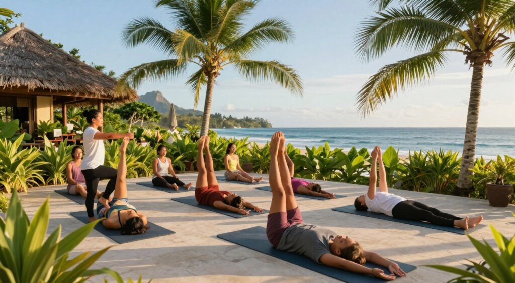 A vibrant and serene scene depicting a group of diverse individuals participating in a health and wellness program in Lombok. In the foreground, a fitness instructor guides a small group through a yoga session, showcasing their balanced poses and serene expressions. The middle ground features lush greenery, tropical plants, and fitness mats arranged neatly on a sunlit terrace overlooking the ocean. In the background, gently swaying palm trees frame a clear blue sky, with distant mountains enhancing the exotic atmosphere. The lighting is warm and inviting, capturing the golden hour, while the camera angle is slightly elevated, offering a panoramic view of the wellness retreat. The mood is tranquil and uplifting, reflecting a commitment to health and fitness.