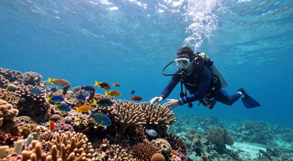 A vibrant and serene underwater scene depicting sustainable diving practices in Raja Ampat. In the foreground, a diver wearing a wetsuit with eco-friendly gear carefully observes the coral reefs, emphasizing a gentle touch to the surrounding marine life. In the middle ground, schools of colorful fish swim among healthy corals, showcasing biodiversity and a thriving ecosystem. The background features sunlight filtering through crystal-clear waters, creating a dappled light effect that illuminates the underwater landscape. The mood is peaceful and educational, highlighting the importance of preserving these natural wonders. Capture this scene with a wide-angle lens to enhance depth, and use natural lighting to convey an authentic photojournalism style reminiscent of National Geographic quality.