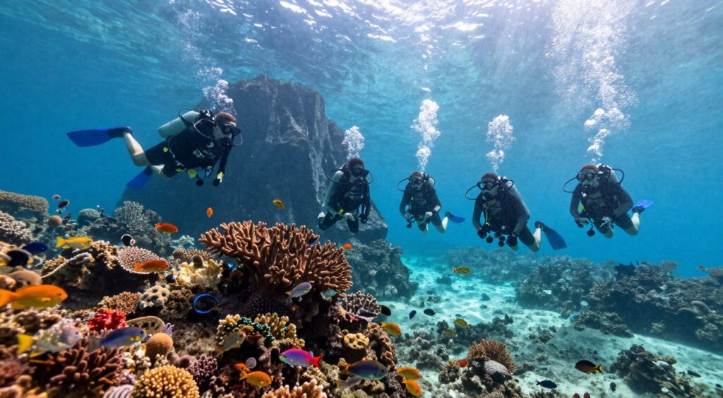 A vibrant and serene underwater scene showcasing divers exploring the rich marine life of Raja Ampat. In the foreground, a group of divers clad in modest wetsuits, equipped with dive gear, swim gracefully among colorful coral reefs teeming with vibrant fish species. The middle ground features stunning coral formations and schools of fish darting through the crystal-clear water, illuminated by soft sunlight filtering down from the surface. In the background, the jagged silhouettes of limestone islands rise above the water, set against a bright blue sky. The lighting is natural and warm, creating a tranquil atmosphere that captures the beauty and excitement of diving in this remote paradise. The image embodies a sense of adventure and exploration, showcasing the allure of choosing the right dive operator in Raja Ampat.