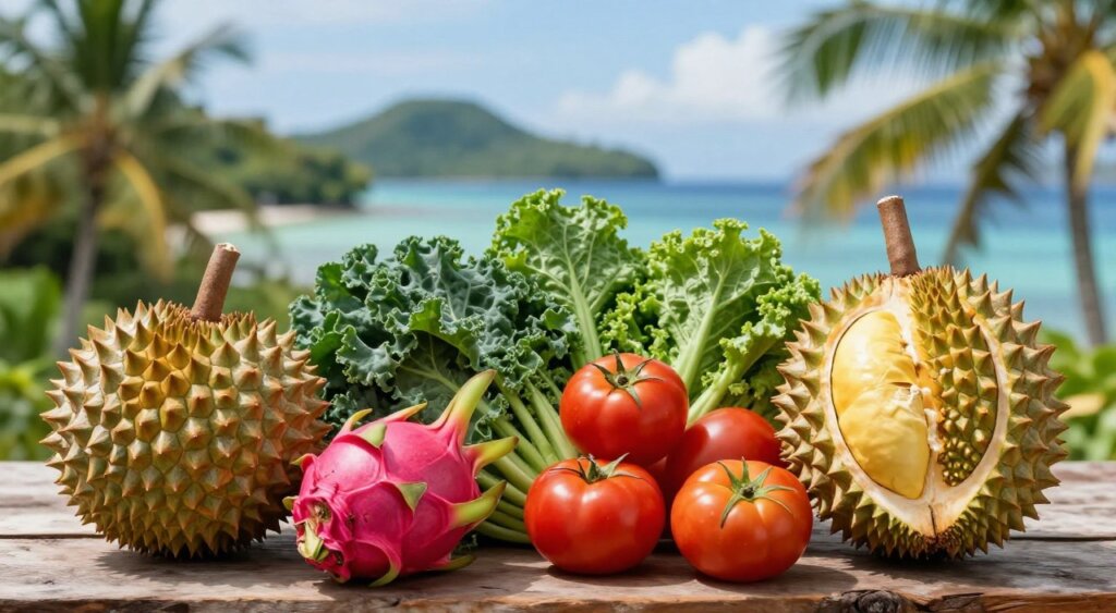 A vibrant arrangement of exotic fruits and vegetables from Raja Ampat, showcasing a variety of colors and textures. In the foreground, place a ripe durian with its spiky exterior, alongside bright dragon fruits with their pink and green skins. Cluster around them handpicked local vegetables like deep green kale and vibrant red tomatoes, all resting on a rustic wooden surface. In the middle ground, capture a lush tropical landscape, with palm trees and distant hills adding depth. The background should fade into soft blue waters and a clear sky, suggesting a serene island atmosphere. Use natural sunlight to enhance the vivid colors, and employ a shallow depth of field to bring focus on the fruits and vegetables, creating a warm and inviting mood that celebrates the rich biodiversity of Raja Ampat. A vibrant arrangement of exotic fruits and vegetables from Raja Ampat, showcasing a variety of colors and textures. In the foreground, place a ripe durian with its spiky exterior, alongside bright dragon fruits with their pink and green skins. Cluster around them handpicked local vegetables like deep green kale and vibrant red tomatoes, all resting on a rustic wooden surface. In the middle ground, capture a lush tropical landscape, with palm trees and distant hills adding depth. The background should fade into soft blue waters and a clear sky, suggesting a serene island atmosphere. Use natural sunlight to enhance the vivid colors, and employ a shallow depth of field to bring focus on the fruits and vegetables, creating a warm and inviting mood that celebrates the rich biodiversity of Raja Ampat.
