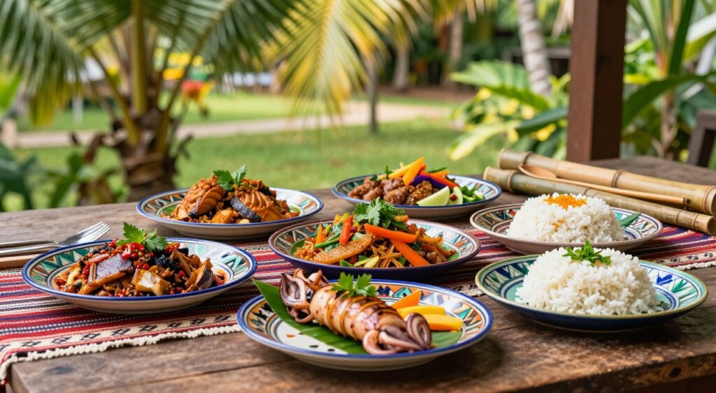A vibrant arrangement of traditional Raja Ampat cuisine displayed on a rustic wooden table, featuring local dishes like spicy tuna, grilled squid, and coconut rice, garnished with fresh herbs and colorful vegetables. In the foreground, intricately patterned plates showcase the food with vibrant colors that reflect the tropical paradise. The middle ground highlights a traditional woven tablecloth and bamboo utensils, while the background captures a lush tropical garden with palm trees and soft sunlight filtering through the leaves. Shot with a shallow depth of field to emphasize the food, the image is well-lit with natural light creating a warm and inviting atmosphere, calling attention to the rich flavors of Raja Ampat's culinary heritage.