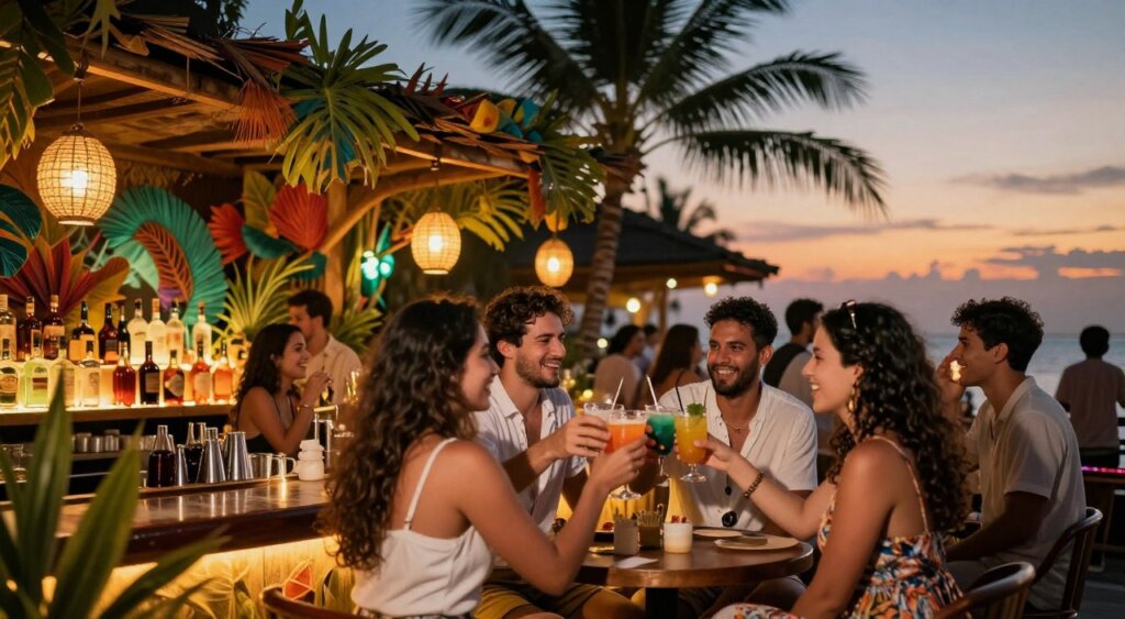 A vibrant bar scene in Seminyak, filled with lively patrons enjoying the dynamic nightlife. In the foreground, a group of friends, dressed in stylish casual attire, engage in animated conversation while clinking glasses filled with colorful cocktails. The middle ground features a beautifully illuminated bar with exotic decor, showcasing bottles of various spirits and tropical plants. In the background, lush palm trees are silhouetted against a warm, dusky sky that transitions into deep twilight. Soft bokeh lights from hanging lanterns create a welcoming atmosphere, while the scene is captured with a slight wide-angle lens to emphasize the bustling energy. The overall mood is cheerful and inviting, reflecting the essence of Seminyak's nightlife.