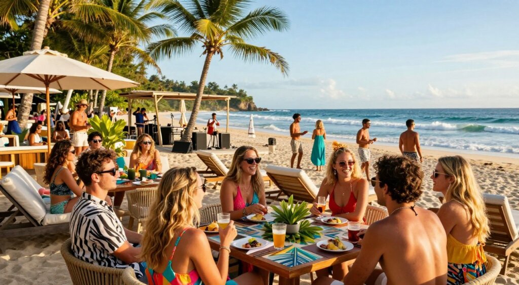A vibrant beach club event at Canggu, showcasing a lively atmosphere filled with diverse people enjoying themselves. In the foreground, a group of friends dressed in colorful, casual attire are sharing laughter and drinks at a stylish table adorned with tropical decor. The middle ground features sun loungers, beach umbrellas, and a few guests mingling, with some dancing to live music performed by a band setup nearby. The background reveals the picturesque Canggu beach with gentle waves lapping against the shore under a bright blue sky. Golden sunlight filters through palm trees, illuminating the scene with a warm, inviting glow, evoking a joyful and relaxed ambiance. The composition captures the essence of beach leisure and camaraderie, reminiscent of National Geographic’s iconic photojournalism style, focusing on authentic human connections in a stunning natural setting.