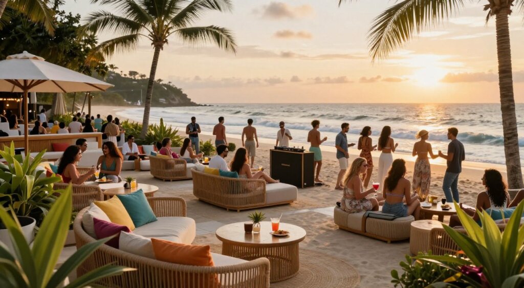 A vibrant beach club scene in Seminyak, showcasing the essence of luxury and relaxation. In the foreground, a stylish outdoor lounge area with modern wicker furniture, colorful cushions, and elegant low tables, surrounded by lush tropical plants. In the middle, a lively crowd of diverse individuals in modest casual attire enjoying cocktails and light meals, engaged in conversations. Some are lounging on daybeds, while others are dancing near a small DJ booth, creating an energetic atmosphere. In the background, the stunning coastline of Seminyak with gentle waves lapping against the shore, framed by palm trees under a golden sunset sky, casting warm, inviting light on the scene. The overall mood is festive yet sophisticated, capturing the vibrant nightlife of Seminyak's top beach clubs.