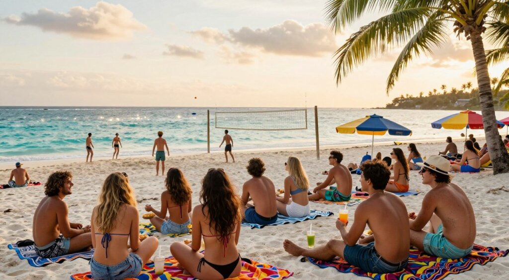 A vibrant beach party on the Gili Islands, featuring a diverse group of young adults engaged in various activities. In the foreground, people are gathered around colorful beach blankets enjoying snacks and refreshments, laughter and smiles evident on their faces. The middle ground showcases friends playing beach volleyball and frisbee, with vibrant umbrellas providing shade. In the background, the stunning turquoise sea sparkles under the warm sunset, with palm trees swaying gently in the breeze. Capture this scene in natural lighting, aiming for a slightly elevated angle that emphasizes both the energetic atmosphere and the breathtaking landscape. The mood is lively and joyful, reflecting the essence of summer fun and camaraderie.