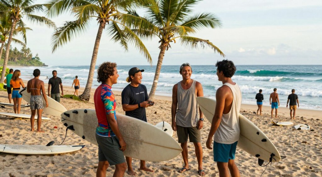 A vibrant beach scene capturing a diverse group of surf enthusiasts engaging in lively conversation at an Indonesian surf camp. In the foreground, three individuals in modest casual clothing, one wearing a colorful rash guard and another in a light tank top and shorts, are laughing and sharing surf stories while holding surfboards. The middle ground features palm trees swaying gently, with surfers walking towards the waves in the background. The ocean glistens under warm sunlight, reflecting shades of blue and green. Use a wide-angle lens to create depth and emphasize the camaraderie. The mood is friendly and exhilarating, perfect for showcasing the vibrant surf culture in a tropical paradise.