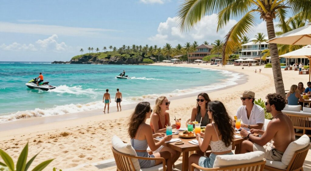 A vibrant beach scene capturing the essence of Seminyak and Nusa Dua, showcasing luxurious beach clubs and thrilling water sports. In the foreground, a group of diverse individuals in modest casual clothing relax at a chic beach club, sipping colorful cocktails and laughing. The middle ground features adventurous tourists engaging in exciting water sports, such as jet skiing and paddleboarding against the shimmering turquoise ocean. The background displays palm trees swaying gently in the warm breeze, with luxurious beachfront resorts and soft, golden sand glistening under the bright sunlight. The angle is slightly elevated to provide a panoramic view, creating a cheerful and inviting atmosphere reminiscent of an idyllic tropical getaway. The overall lighting is bright and vibrant, casting soft shadows that enhance the lively beach atmosphere. A vibrant beach scene capturing the essence of Seminyak and Nusa Dua, showcasing luxurious beach clubs and thrilling water sports. In the foreground, a group of diverse individuals in modest casual clothing relax at a chic beach club, sipping colorful cocktails and laughing. The middle ground features adventurous tourists engaging in exciting water sports, such as jet skiing and paddleboarding against the shimmering turquoise ocean. The background displays palm trees swaying gently in the warm breeze, with luxurious beachfront resorts and soft, golden sand glistening under the bright sunlight. The angle is slightly elevated to provide a panoramic view, creating a cheerful and inviting atmosphere reminiscent of an idyllic tropical getaway. The overall lighting is bright and vibrant, casting soft shadows that enhance the lively beach atmosphere.