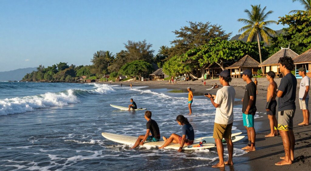 A vibrant beach scene depicting local surf culture in Indonesia, featuring surfers of diverse backgrounds skillfully riding waves under a clear blue sky. In the foreground, a group of surfers in modest casual clothing, showcasing respect and camaraderie, share stories while preparing their longboards. In the middle ground, a few surfers catch waves, displaying their techniques and showcasing the energy of the sport. The background features lush tropical trees, traditional huts, and distant mountains, beautifully lit by the golden hour sun, casting warm hues across the scene. Capture this dynamic atmosphere with a lens that highlights the movement of the water and the expressions of the surfers, evoking a sense of adventure and community. A vibrant beach scene depicting local surf culture in Indonesia, featuring surfers of diverse backgrounds skillfully riding waves under a clear blue sky. In the foreground, a group of surfers in modest casual clothing, showcasing respect and camaraderie, share stories while preparing their longboards. In the middle ground, a few surfers catch waves, displaying their techniques and showcasing the energy of the sport. The background features lush tropical trees, traditional huts, and distant mountains, beautifully lit by the golden hour sun, casting warm hues across the scene. Capture this dynamic atmosphere with a lens that highlights the movement of the water and the expressions of the surfers, evoking a sense of adventure and community.